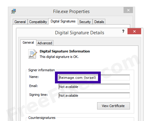 Screenshot of the Reimage.com (Israel) certificate